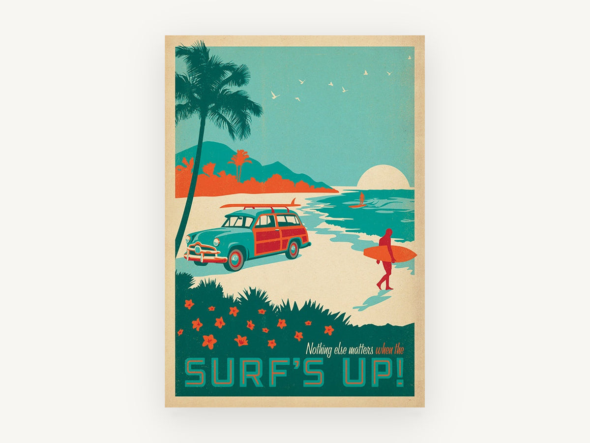 Surf's Up Woody Beach, vintage canvas wall art print, front view