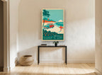 Surf's Up Woody Beach vintage canvas print on the wall of a hallway