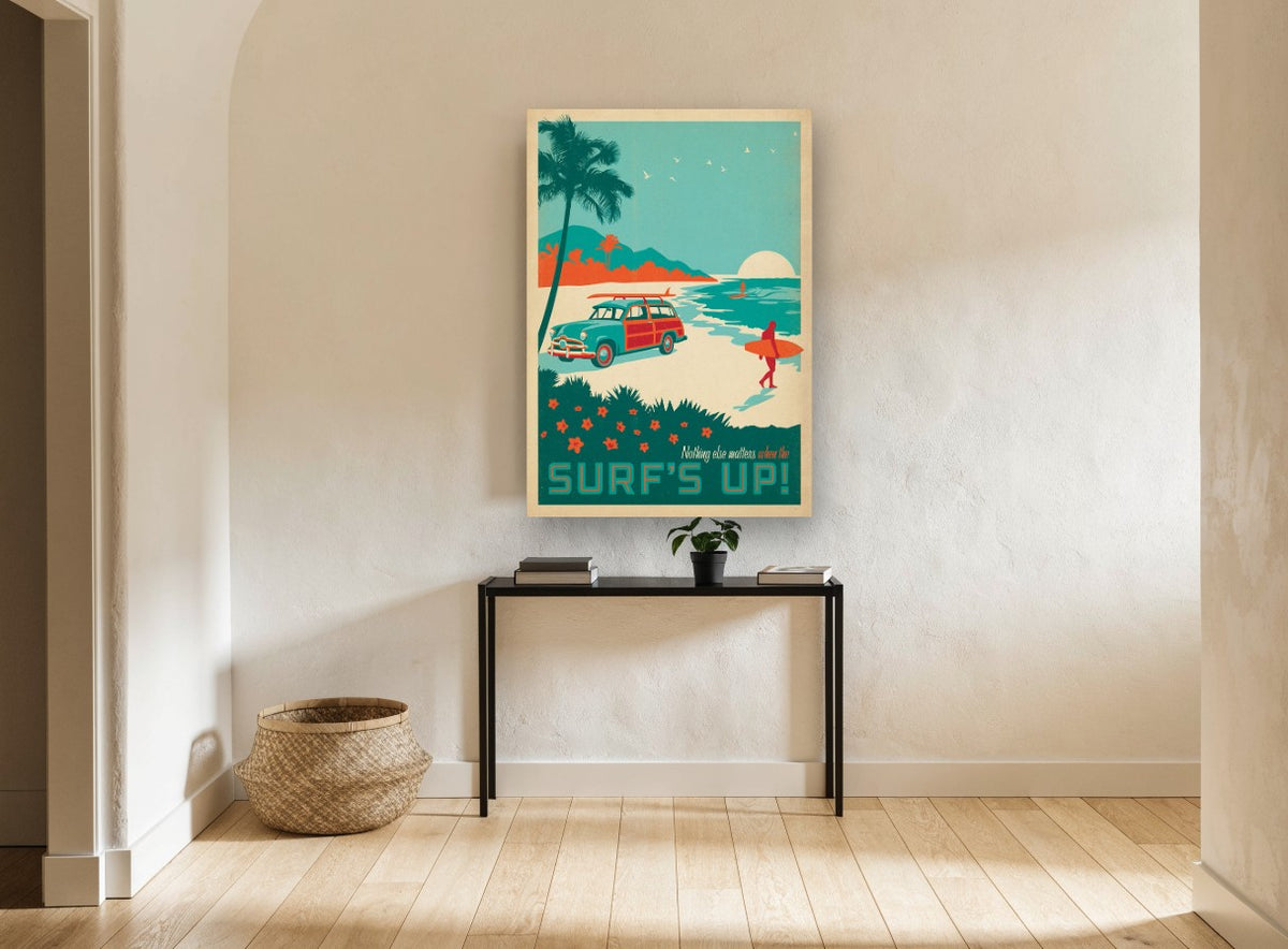 Surf's Up Woody Beach vintage canvas print on the wall of a hallway