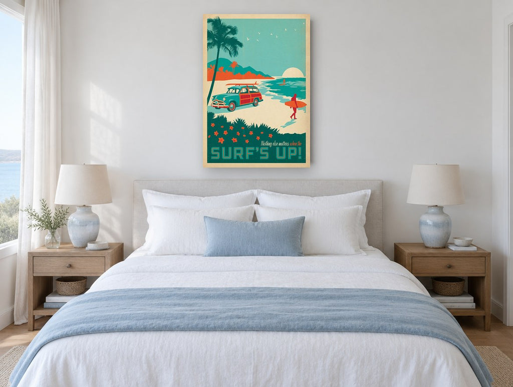 Surf's Up Woody Beach vintage canvas print on the wall of a coastal bedroom