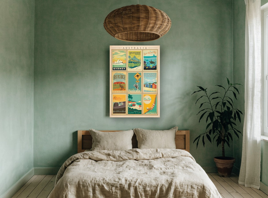 Australia Poster Montage vintage canvas print on the wall of a bedroom