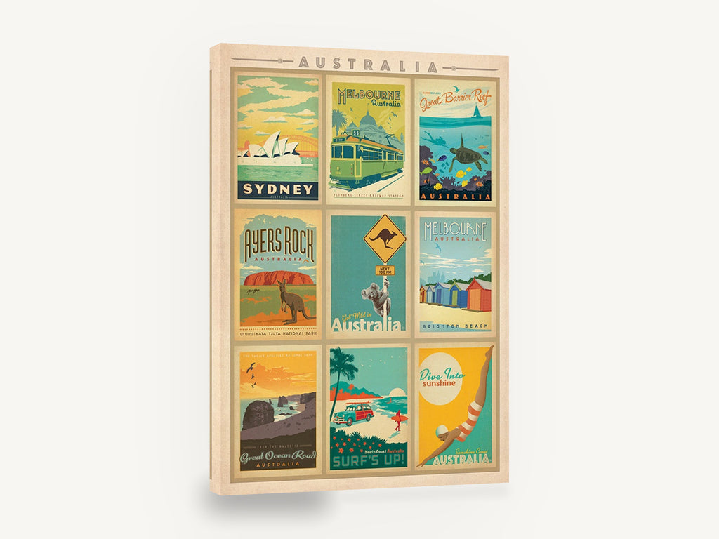 Australia Poster Montage, retro australia travel poster collage, stretched canvas wall art print ready to hang