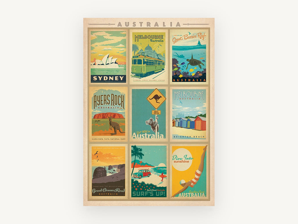 Australia Poster Montage, vintage canvas wall art print, front view