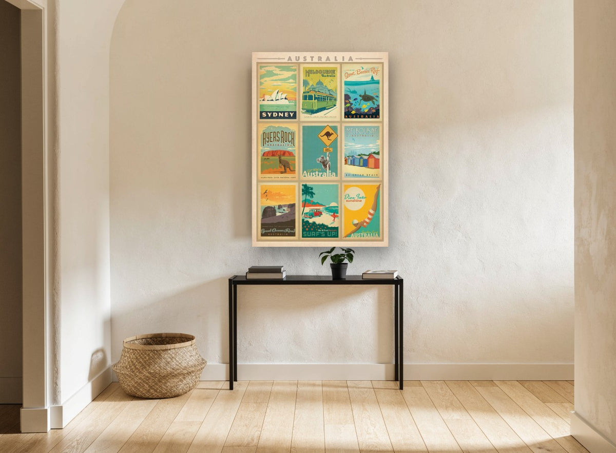 Australia Poster Montage vintage canvas print on the wall of a hallway