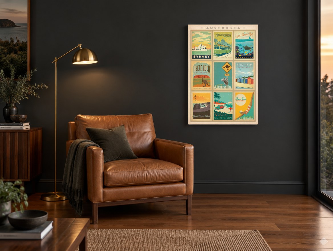 Australia Poster Montage vintage canvas print on the wall of a charcoal living room