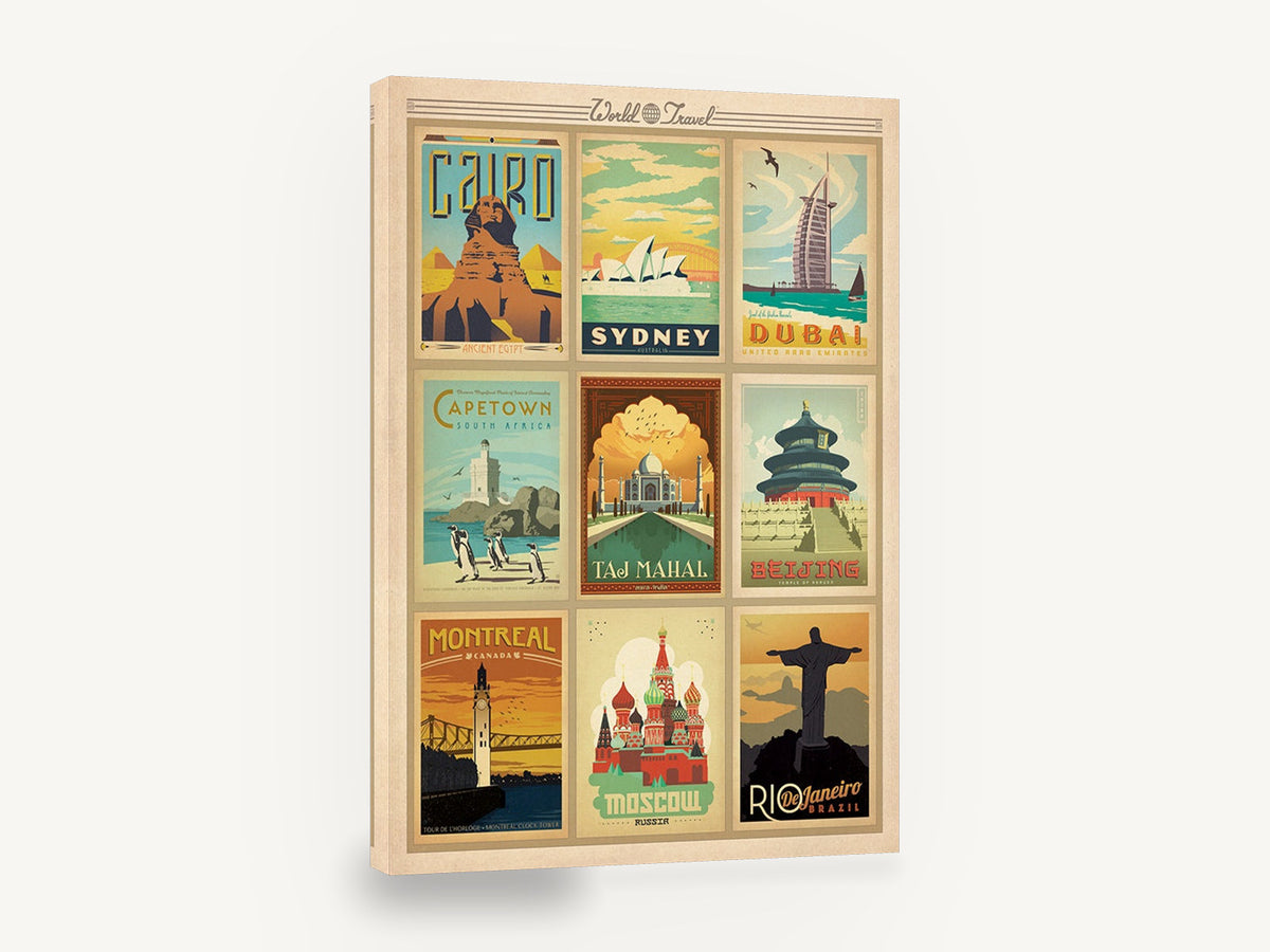 World Travel Nine Cities, vintage world travel poster montage, stretched canvas wall art print ready to hang