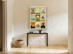 World Travel Nine Cities vintage canvas print on the wall of a hallway