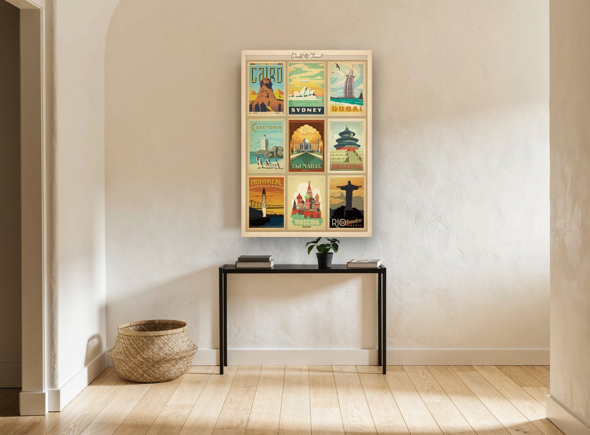 World Travel Nine Cities vintage canvas print on the wall of a hallway