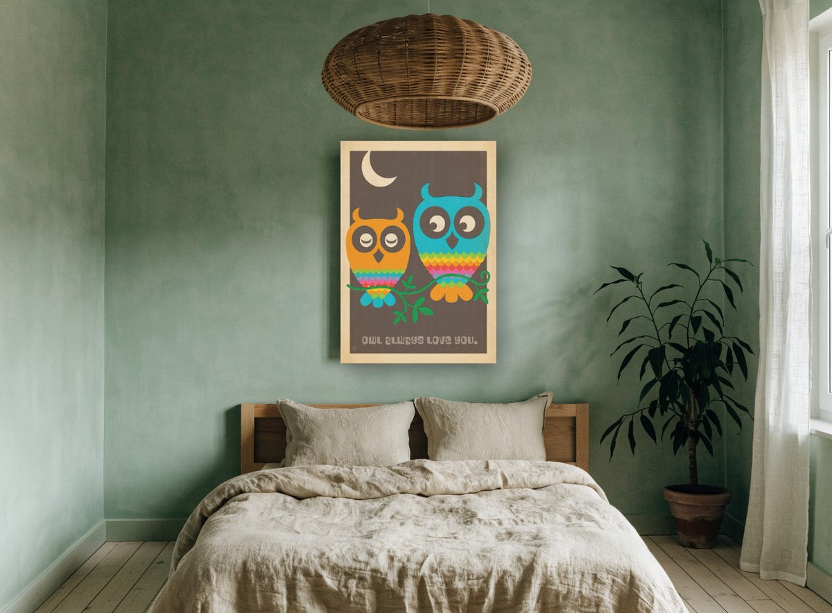 Owl Always Love You vintage canvas print on the wall of a bedroom