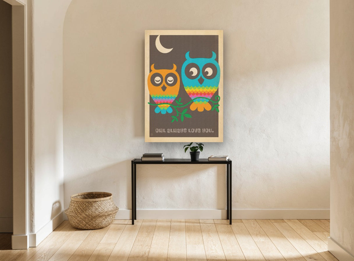 Owl Always Love You vintage canvas print on the wall of a hallway