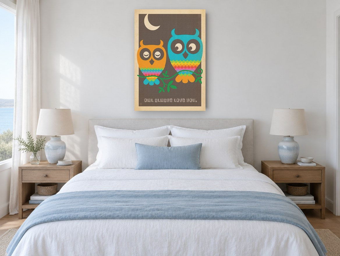 Owl Always Love You vintage canvas print on the wall of a coastal bedroom
