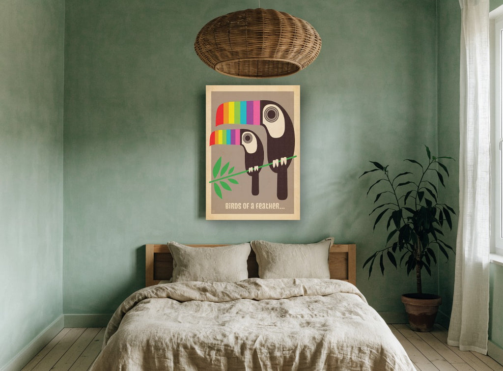 Toucan Pair Rainbow Beaks vintage canvas print on the wall of a bedroom