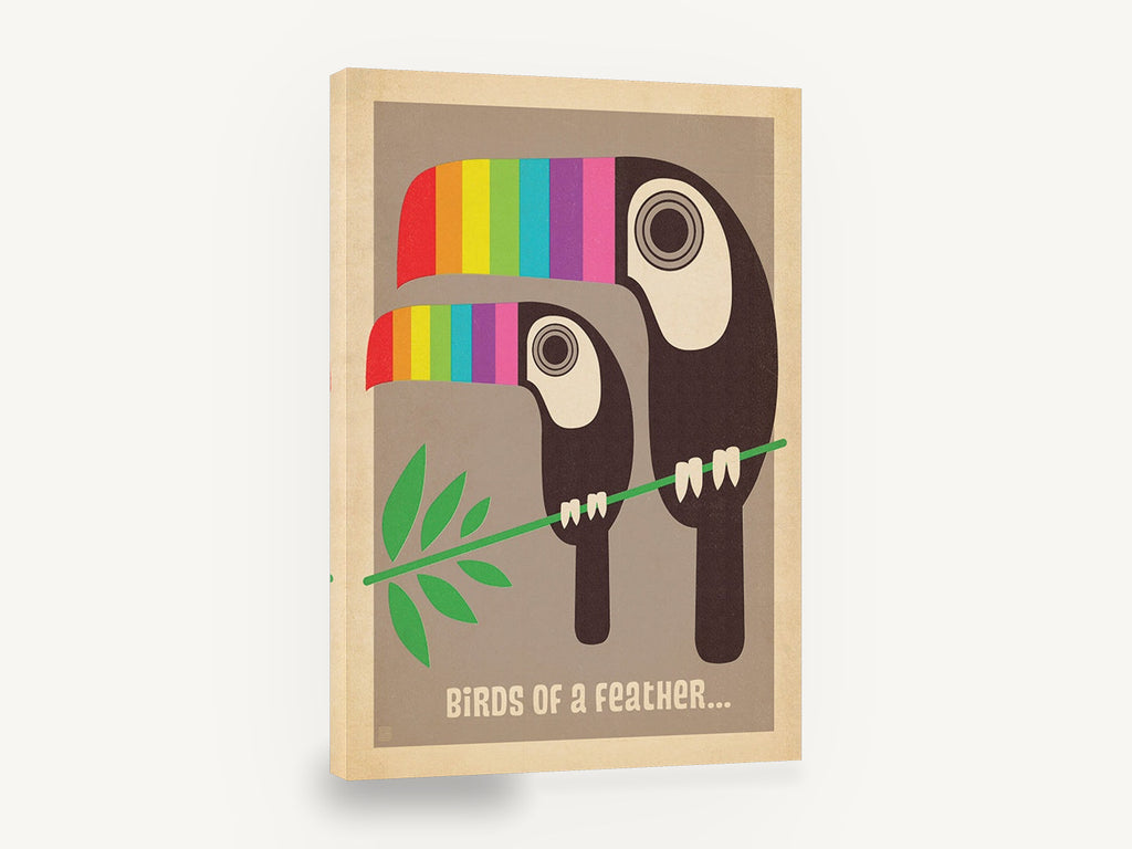 Toucan Pair Rainbow Beaks, retro rainbow toucan pair poster, stretched canvas wall art print ready to hang
