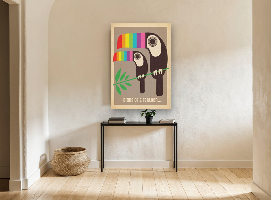 Toucan Pair Rainbow Beaks vintage canvas print on the wall of a hallway