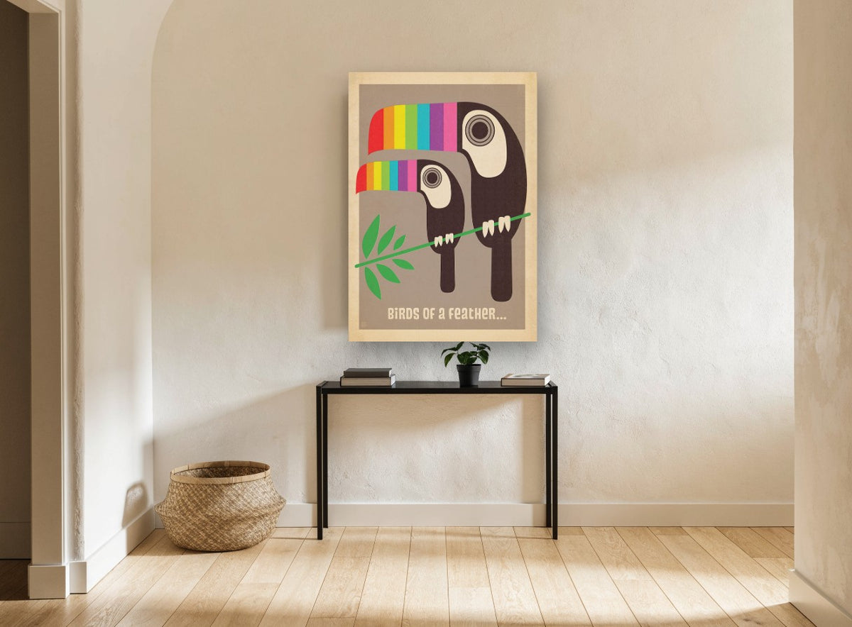 Toucan Pair Rainbow Beaks vintage canvas print on the wall of a hallway