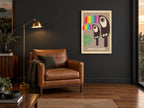 Toucan Pair Rainbow Beaks vintage canvas print on the wall of a charcoal living room
