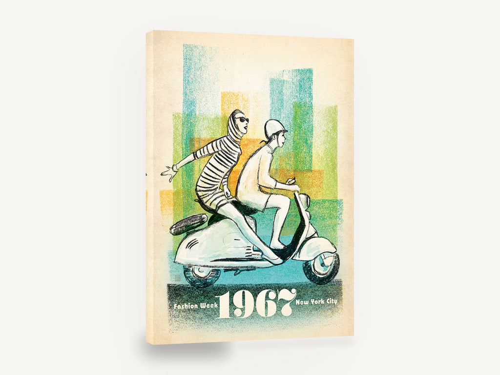Fashion Week Scooter Ride, retro new york fashion week scooter poster, stretched canvas wall art print ready to hang