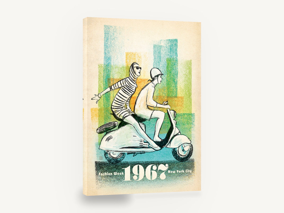 Fashion Week Scooter Ride, retro new york fashion week scooter poster, stretched canvas wall art print ready to hang