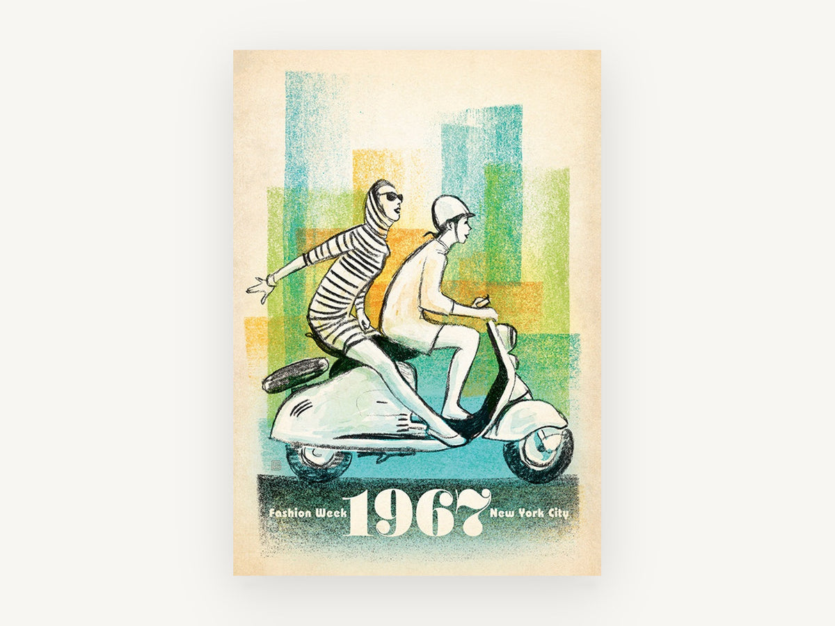 Fashion Week Scooter Ride, vintage canvas wall art print, front view