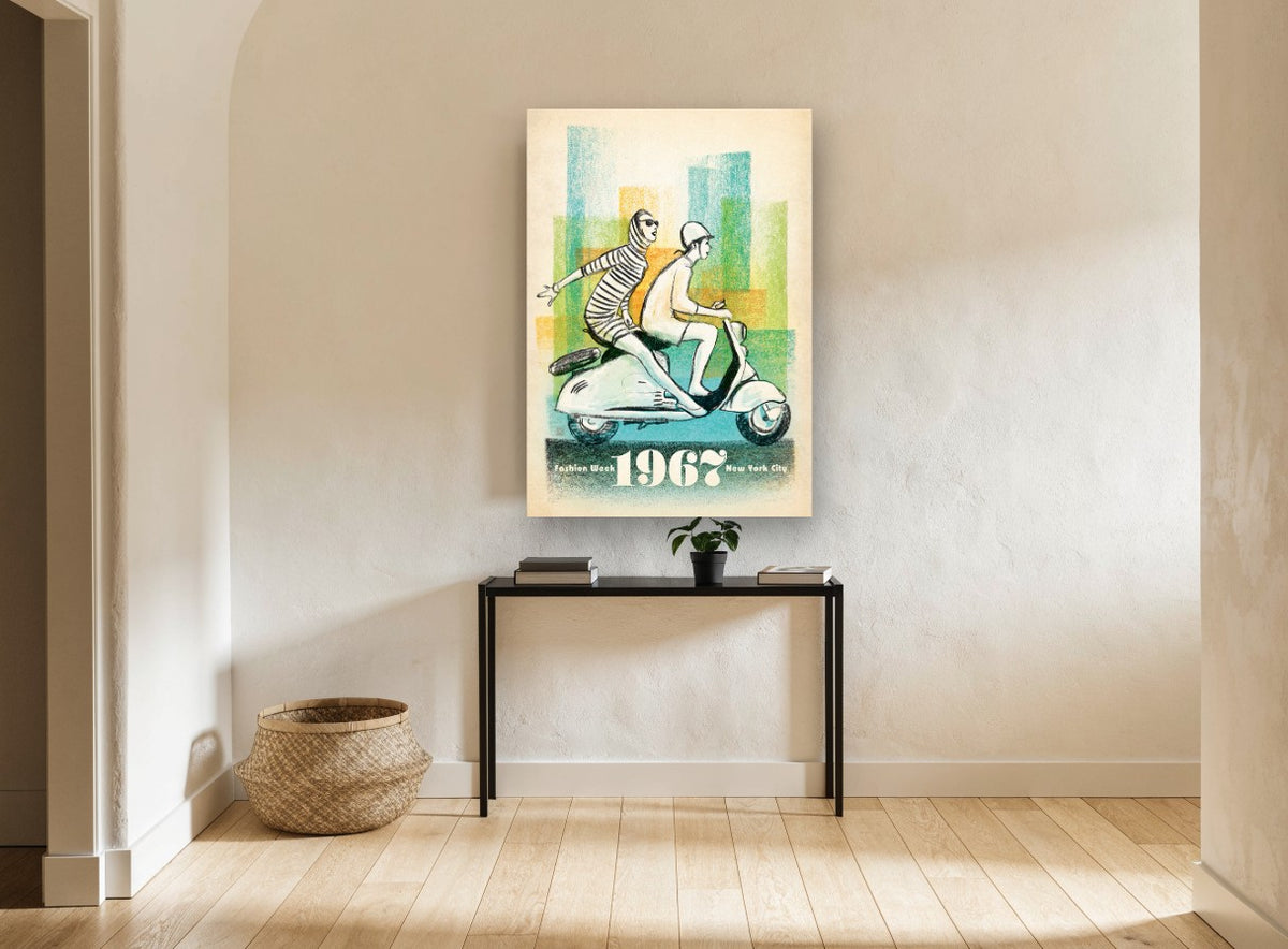 Fashion Week Scooter Ride vintage canvas print on the wall of a hallway