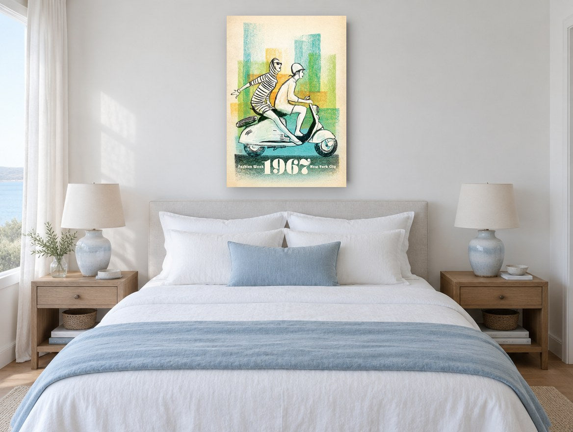 Fashion Week Scooter Ride vintage canvas print on the wall of a coastal bedroom