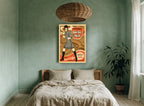 Go-Go Mojo Mod Coffee vintage canvas print on the wall of a bedroom