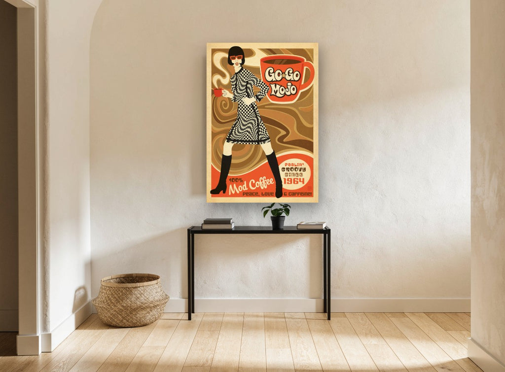 Go-Go Mojo Mod Coffee vintage canvas print on the wall of a hallway