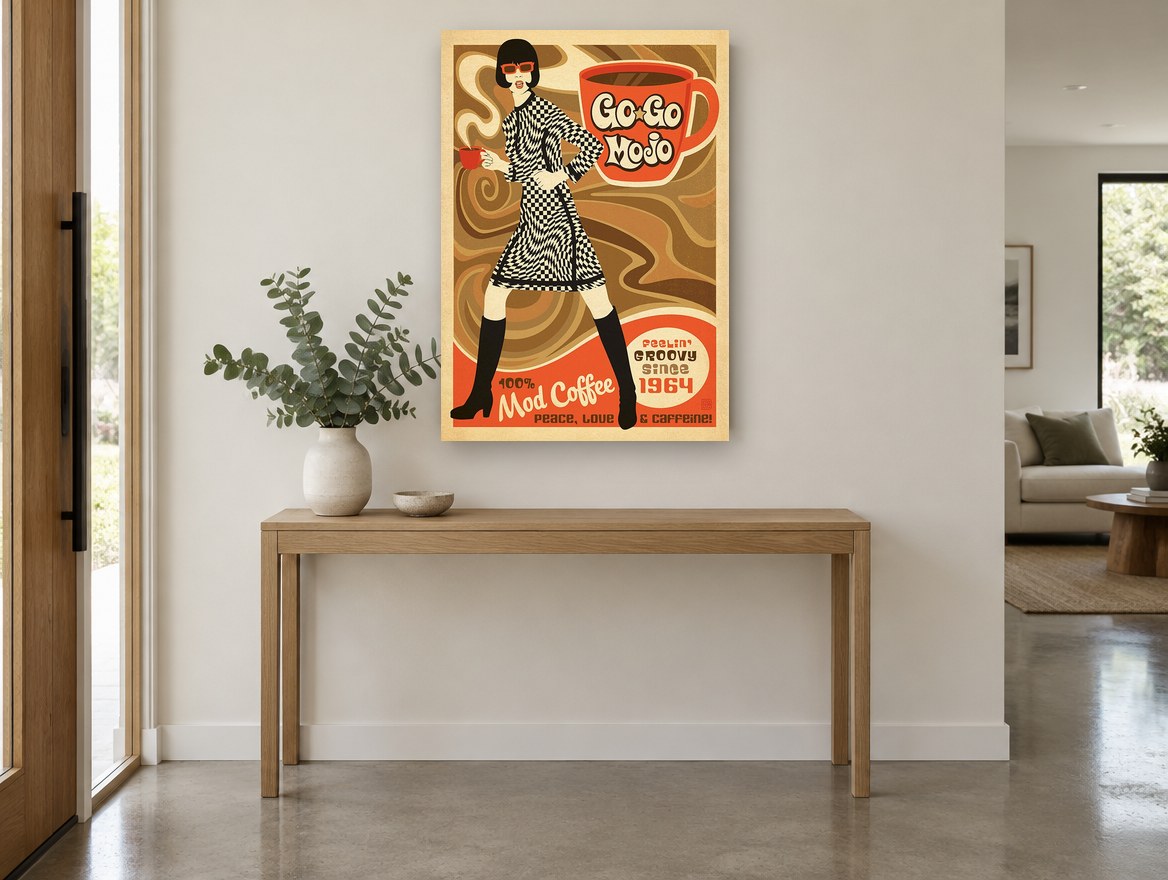 Go-Go Mojo Mod Coffee vintage canvas print on the wall of a entry hall