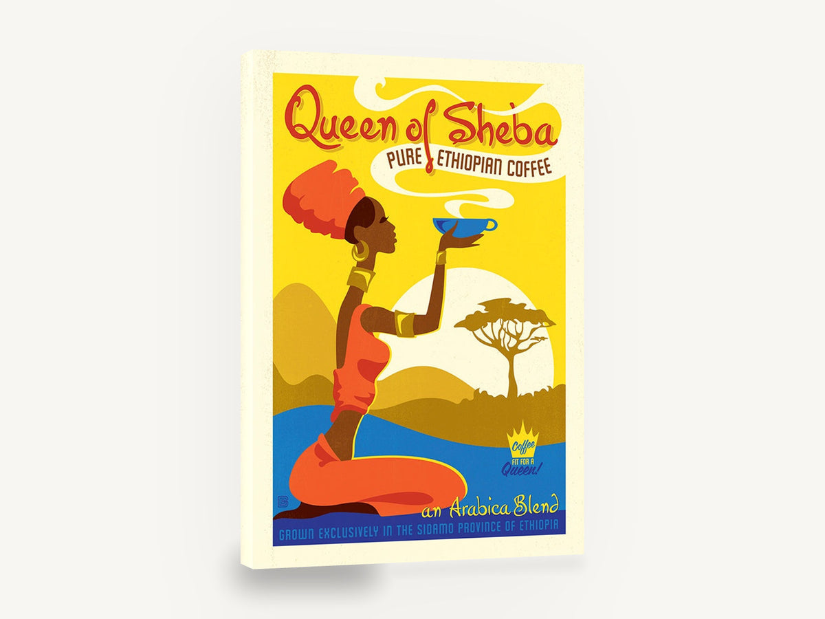 Coffee Fit for a Queen, retro ethiopian coffee advertising poster, stretched canvas wall art print ready to hang