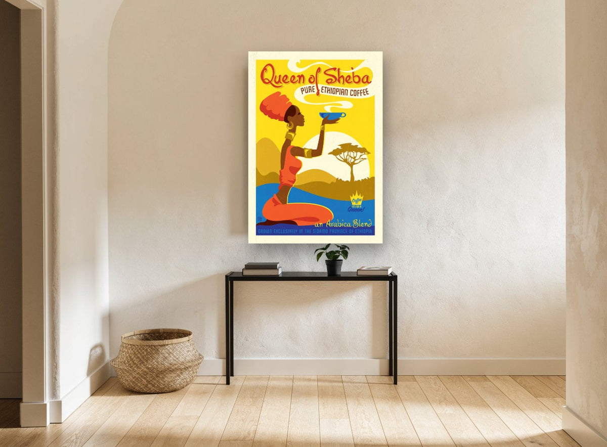 Coffee Fit for a Queen vintage canvas print on the wall of a hallway