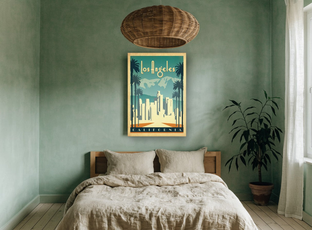Los Angeles Palm Skyline vintage canvas print on the wall of a bedroom