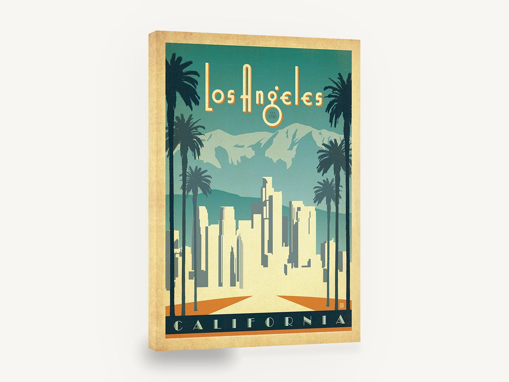 Los Angeles Palm Skyline, retro los angeles california travel poster, stretched canvas wall art print ready to hang