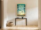 Los Angeles Palm Skyline vintage canvas print on the wall of a hallway