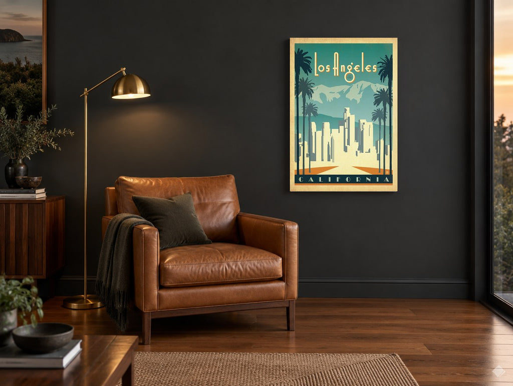 Los Angeles Palm Skyline vintage canvas print on the wall of a charcoal living room
