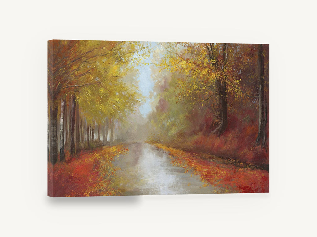 Autumn Canal Light, autumn forest path landscape painting, floral canvas wall art print ready to hang