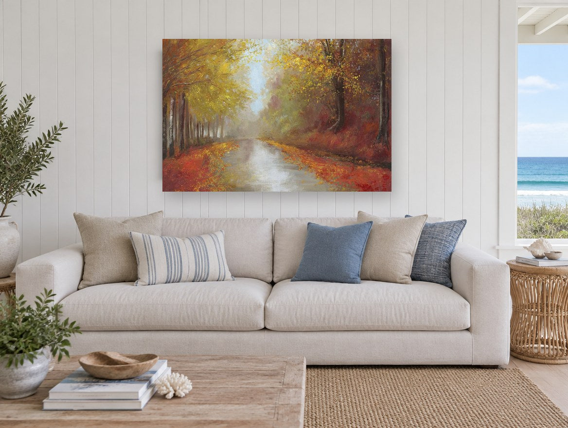 Autumn Canal Light floral canvas print on the wall of a beach house living room