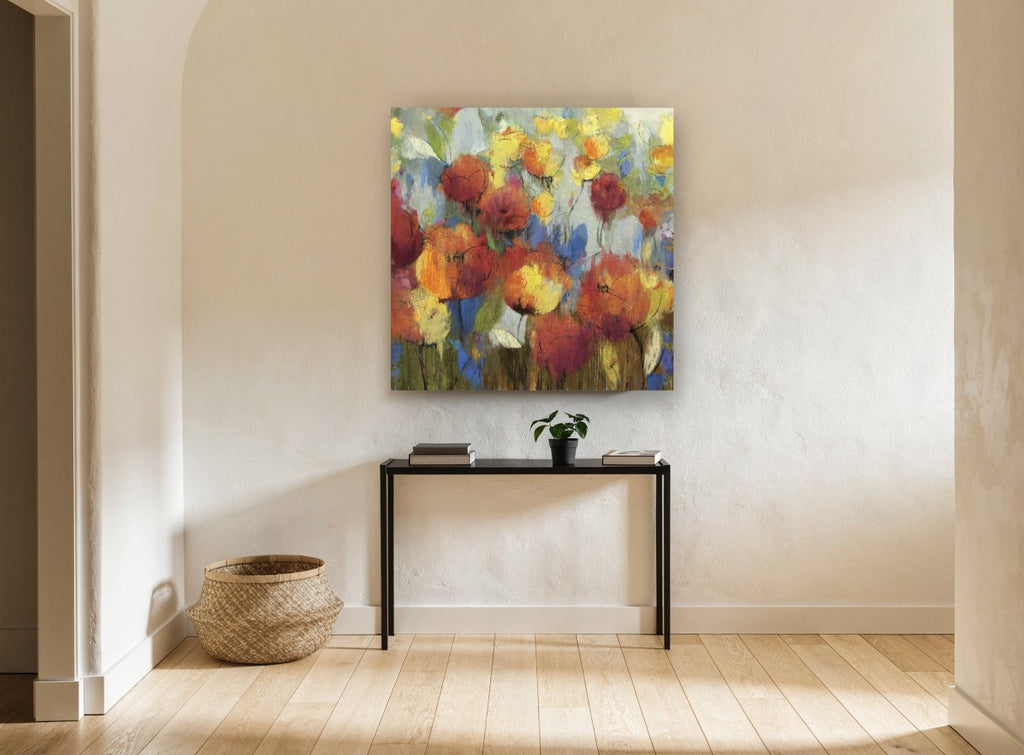 Ember Poppy Meadow floral canvas print on the wall of a hallway