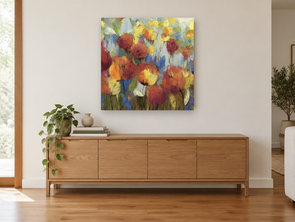 Ember Poppy Meadow floral canvas print on the wall of a living room above a sideboard
