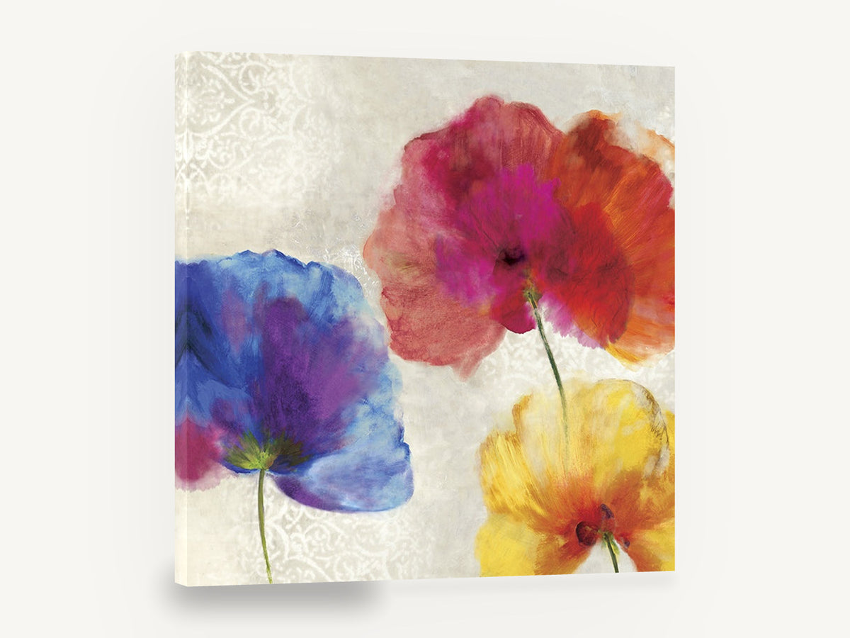 Three Poppy Colour Burst, colourful poppies watercolour floral painting, floral canvas wall art print ready to hang