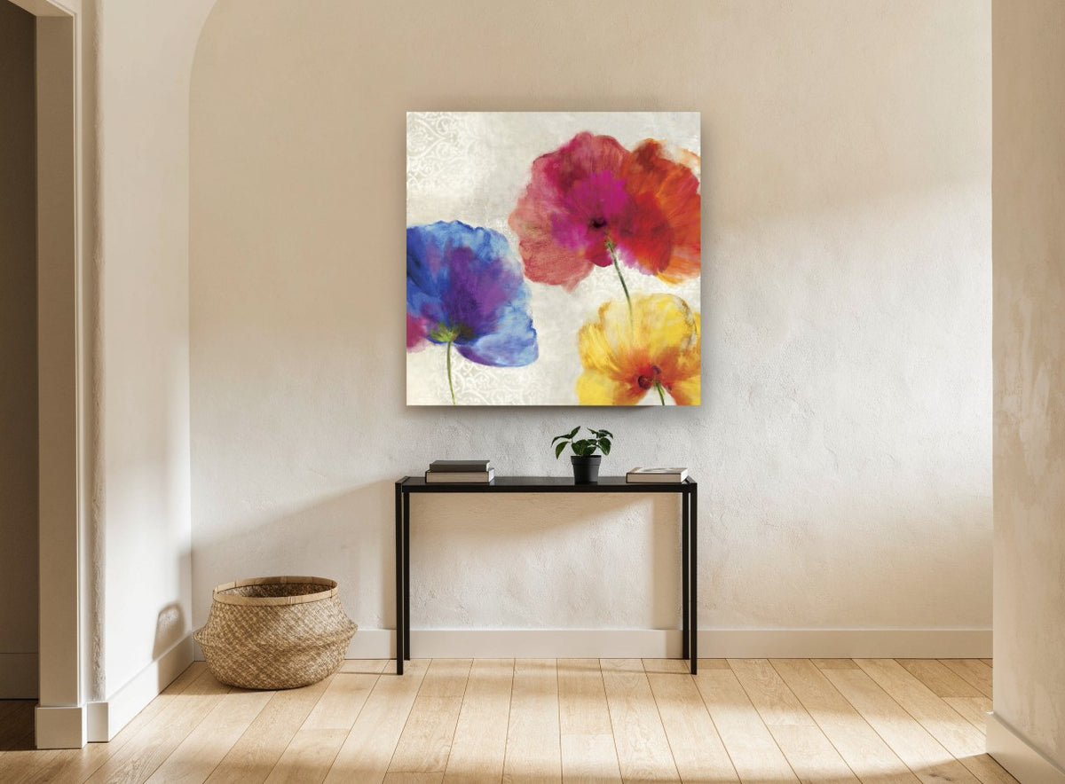 Three Poppy Colour Burst floral canvas print on the wall of a hallway