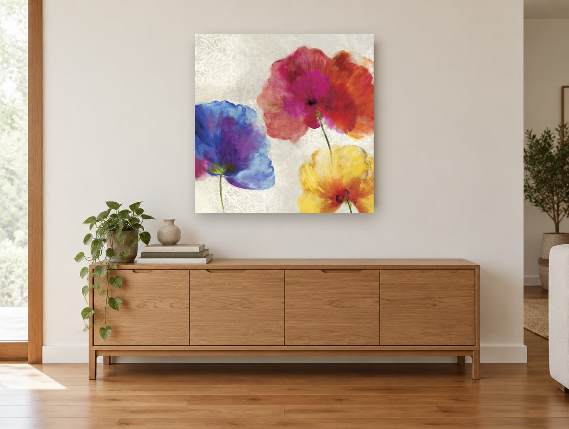 Three Poppy Colour Burst floral canvas print on the wall of a living room above a sideboard