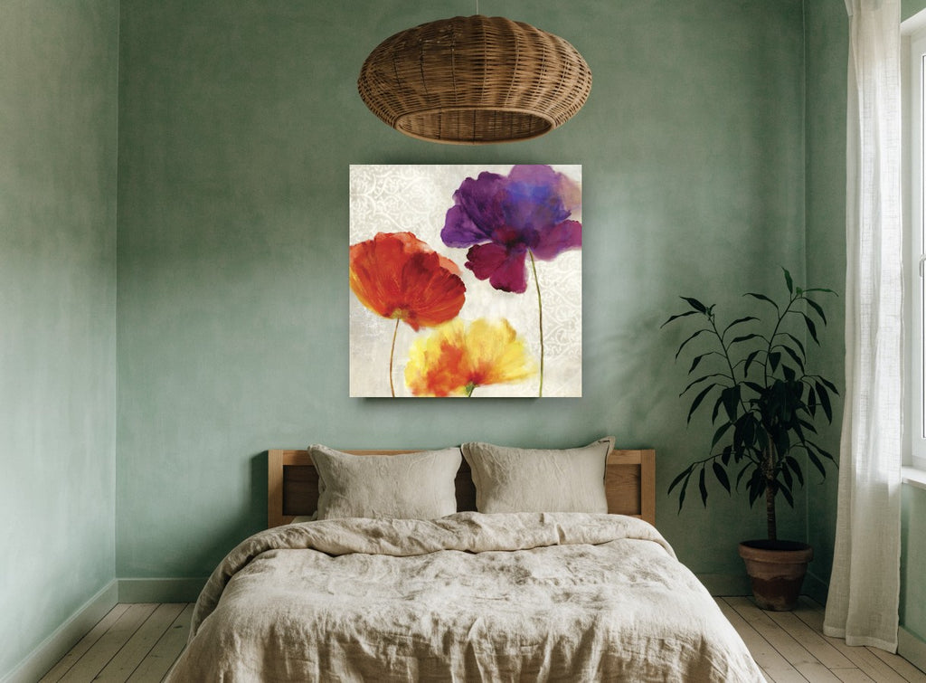 Trio of Poppies floral canvas print on the wall of a bedroom