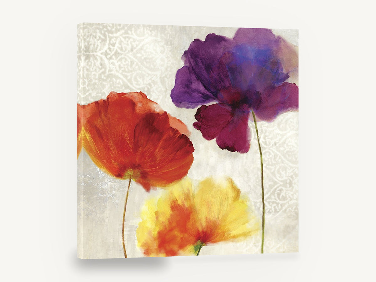 Trio of Poppies, red purple yellow poppy floral art, floral canvas wall art print ready to hang