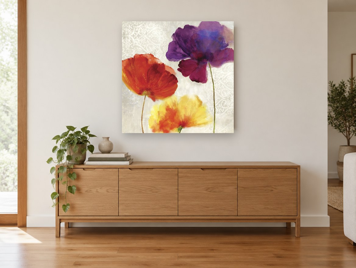 Trio of Poppies floral canvas print on the wall of a living room above a sideboard