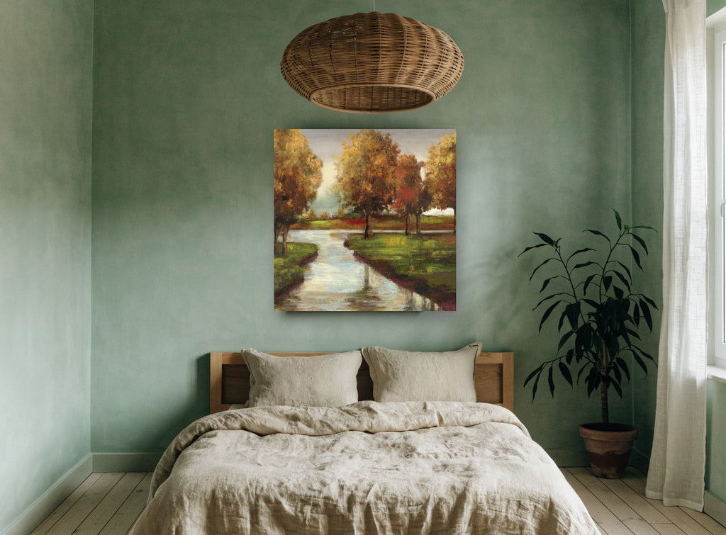 Golden Meadow Stream floral canvas print on the wall of a bedroom