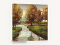 Golden Meadow Stream, autumn trees creek landscape painting, floral canvas wall art print ready to hang