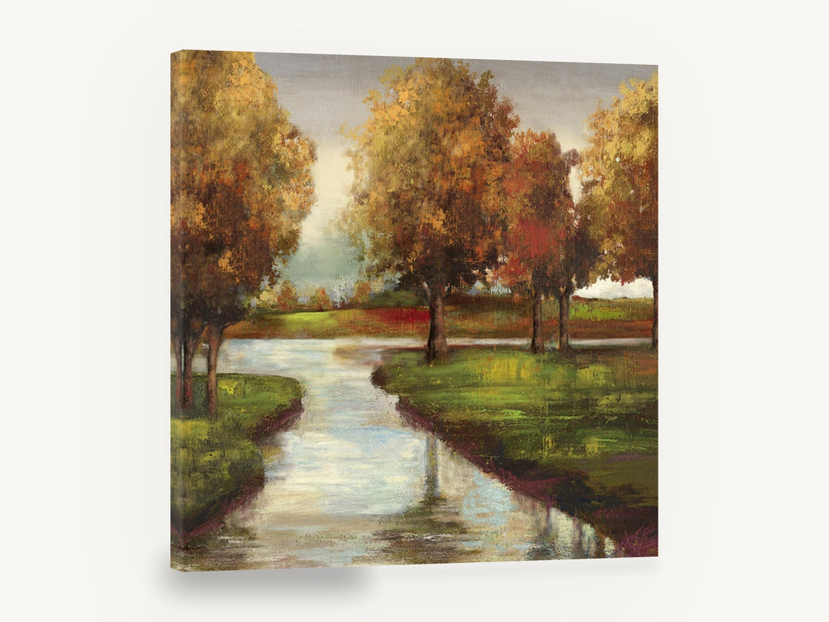 Golden Meadow Stream, autumn trees creek landscape painting, floral canvas wall art print ready to hang