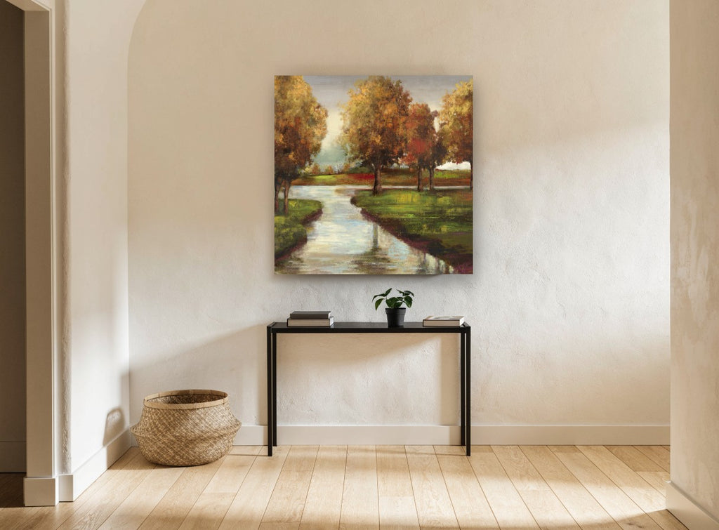 Golden Meadow Stream floral canvas print on the wall of a hallway