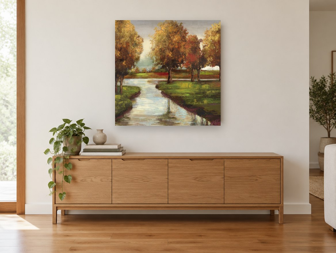 Golden Meadow Stream floral canvas print on the wall of a living room above a sideboard