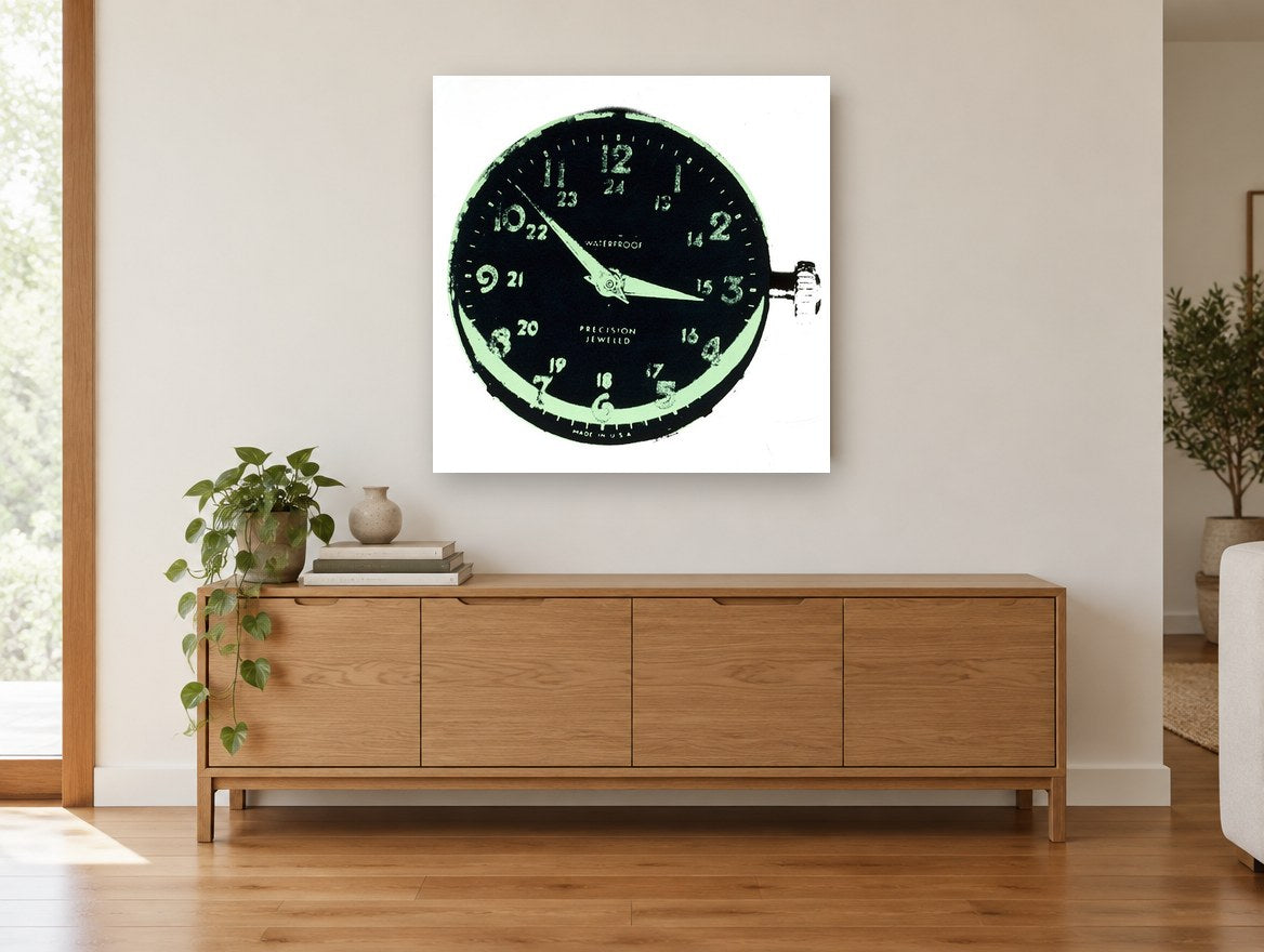 Waterproof Watch Dial vintage canvas print on the wall of a living room above a sideboard